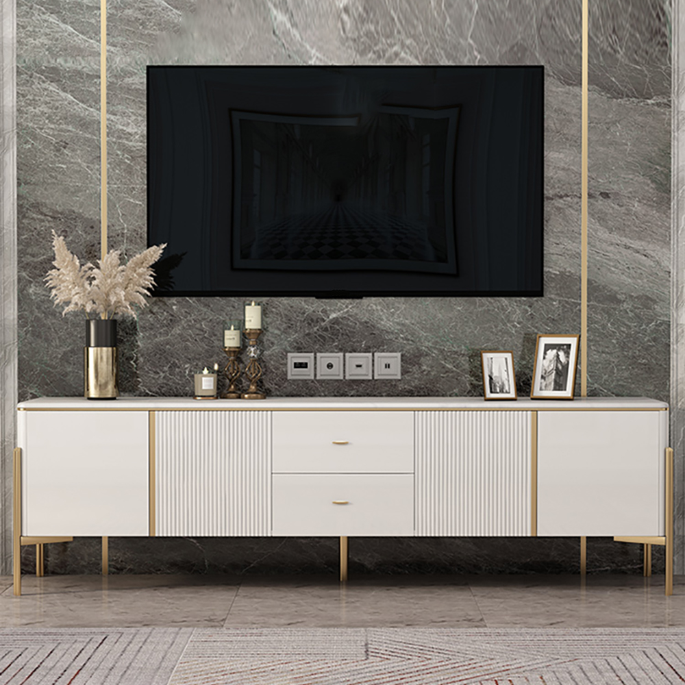 70" White TV Stand Light Luxury Faux Marble Top with Storage Gold Finish in Small