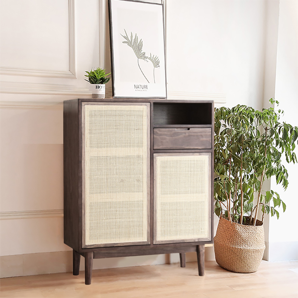 

34" Nordic Walnut Rattan Shoe Cabinet 2-Door 4-Shelf 1-Drawer Shoe Organizer