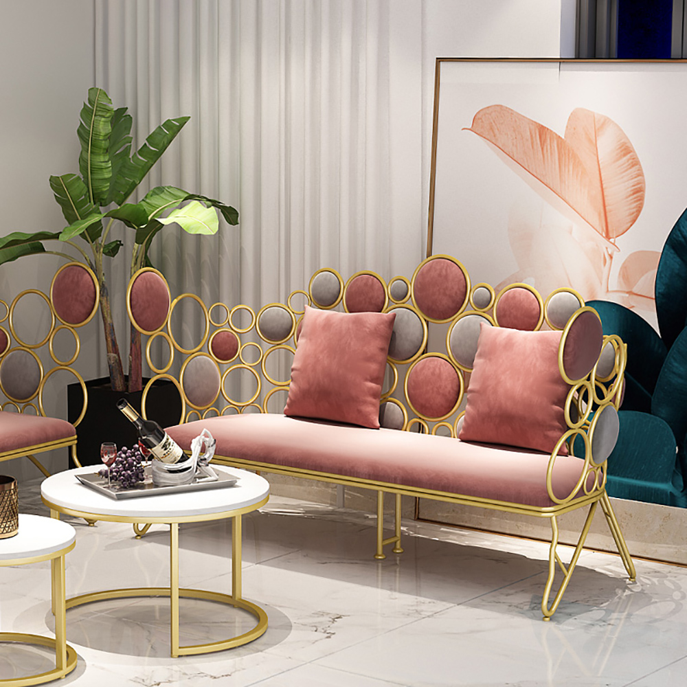 Image of Pink Loveseat Velvet Upholstered Sofa Metal Sofa in Gold Legs 57.1"