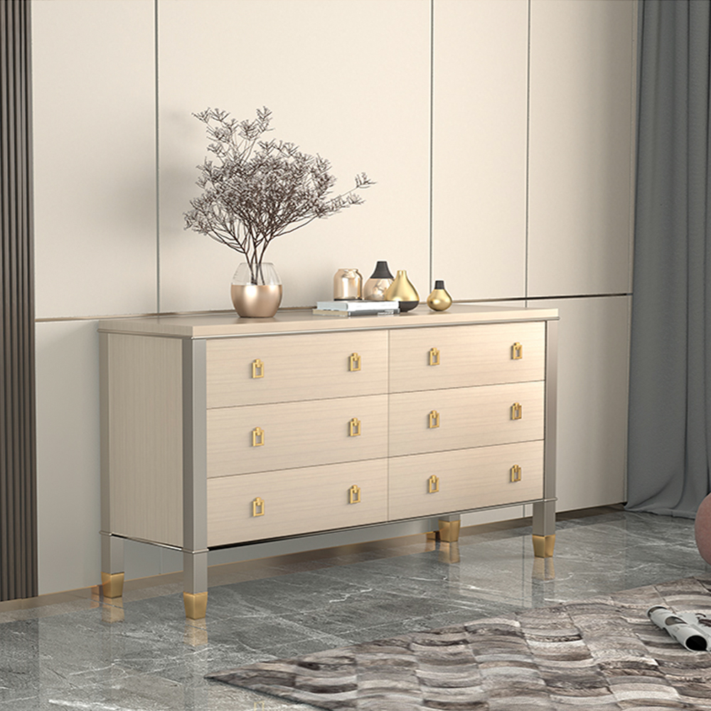 Minimalist Champagne Dresser Chest of 6 Drawers Cabinet in Gold
