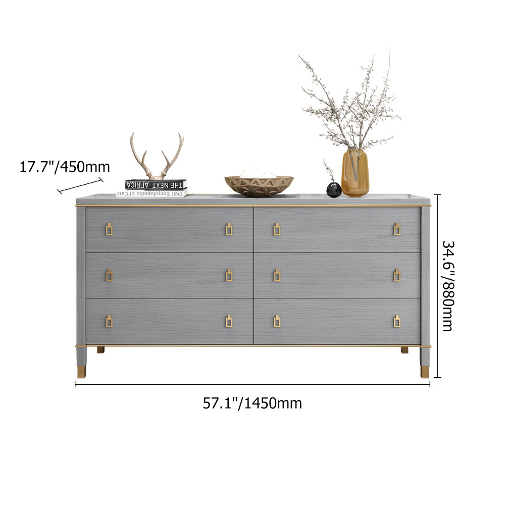 Minimalist Gray Dresser Chest of 6 Drawers Cabinet in Gold