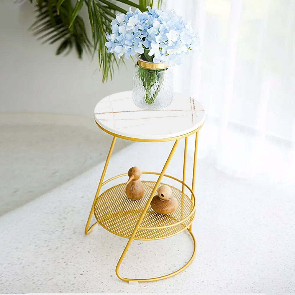 

White Round Stone Side Table with Shlef End Table in Gold