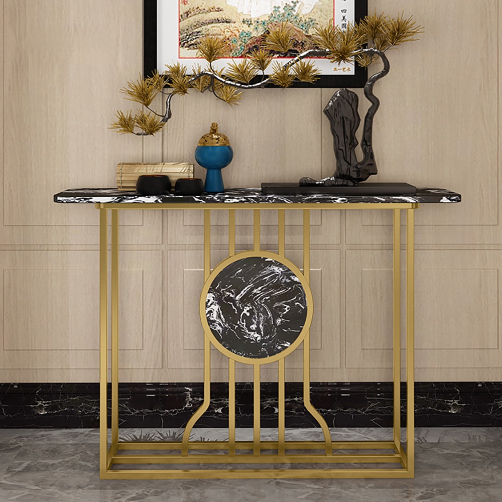 

Modern Black Console Table Decor with Marble Top & Metal Frame