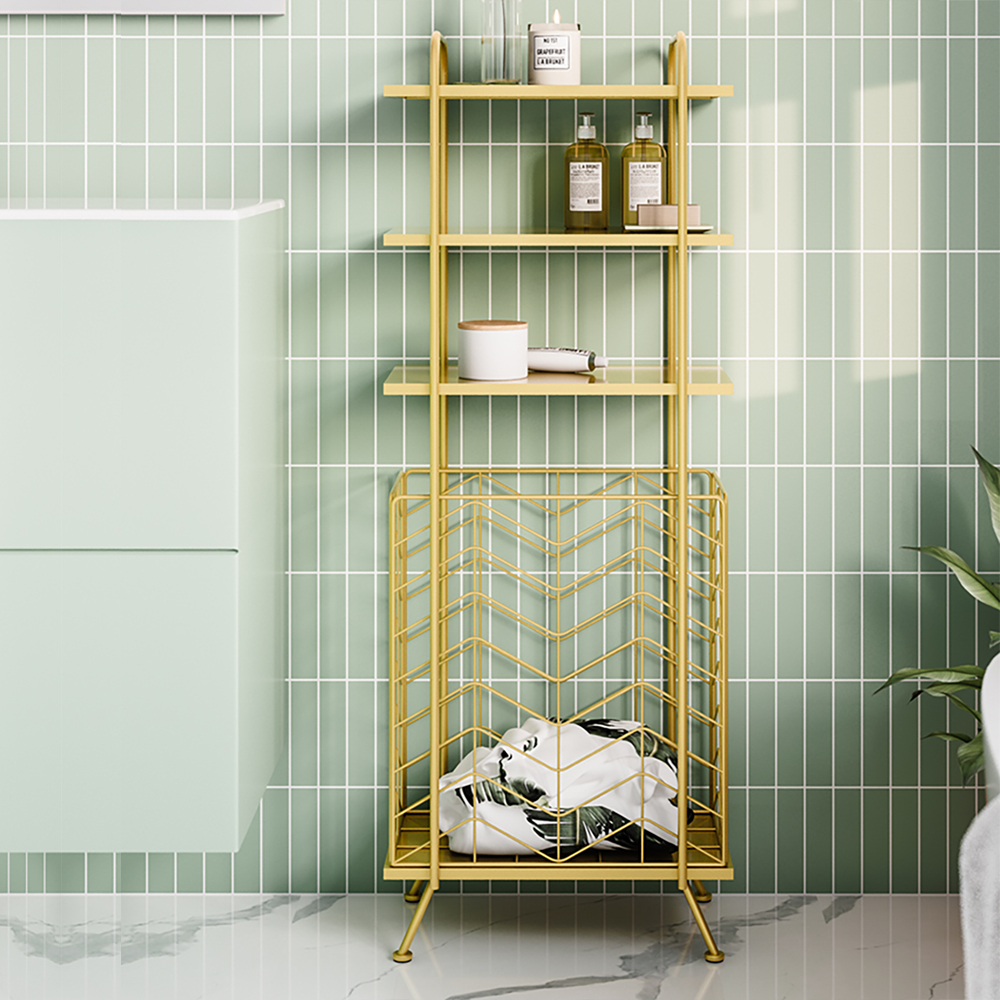 Gold Bathroom Freestanding Storage Shelves With Clothes Basket