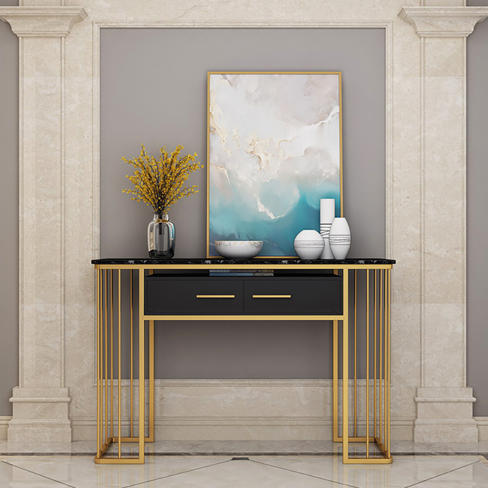 

Black Modern Console Table with Storage Marble Top & Metal Frame