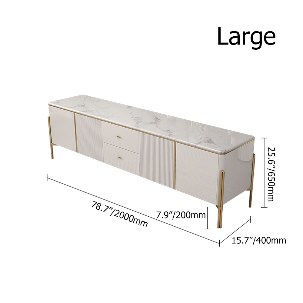 70" White TV Stand Light Luxury Faux Marble Top with Storage Gold Finish in Small