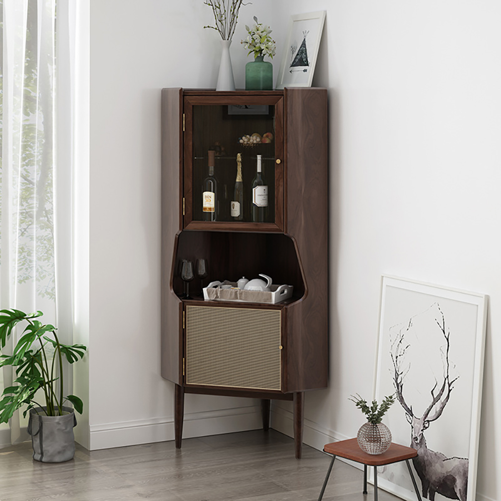 Nordic Walnut Corner Cabinet 2-Door Bar Cabinet with Hutch & Shelf Rattan Woven