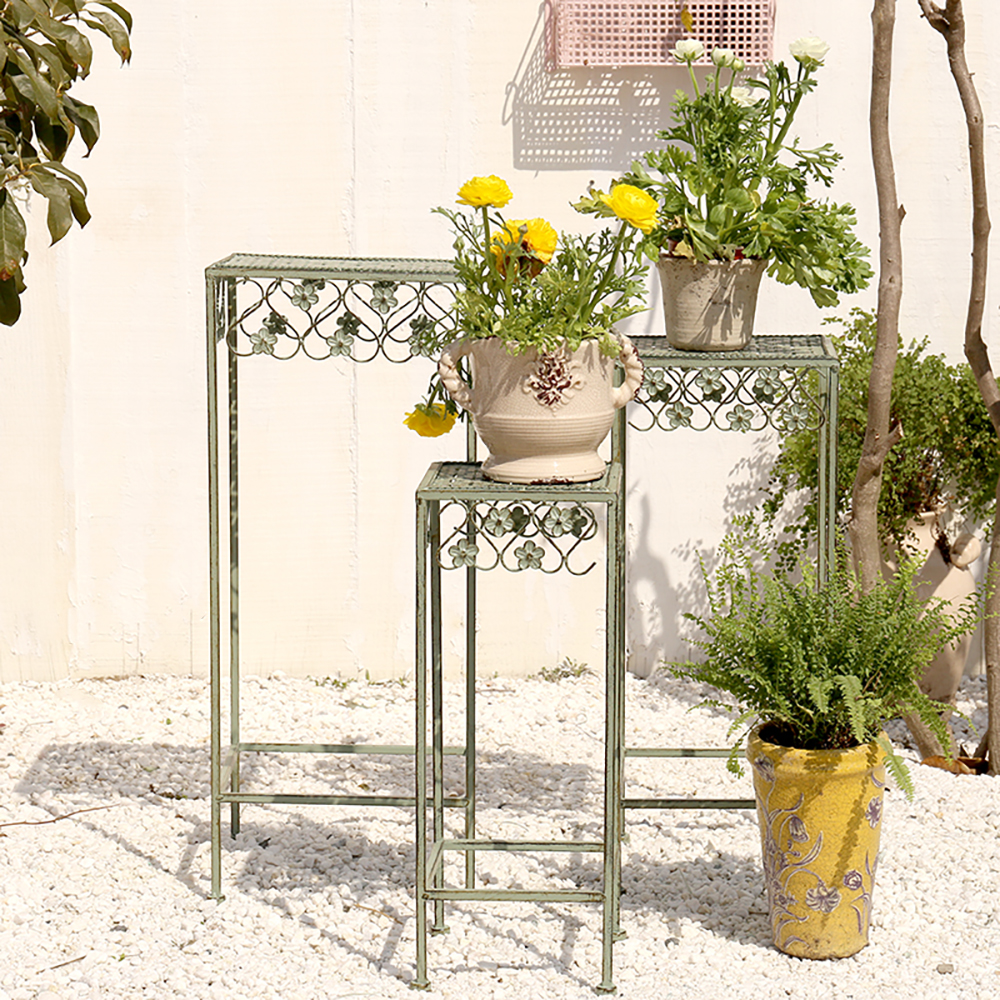 

Cottage Metal Plant Stand in Distressed Green Set of 3