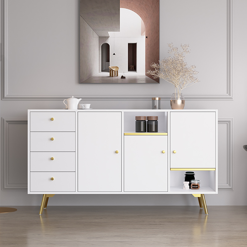 

White Modern Buffet 3-Doors 4-Drawers Sideboard Gold Finish