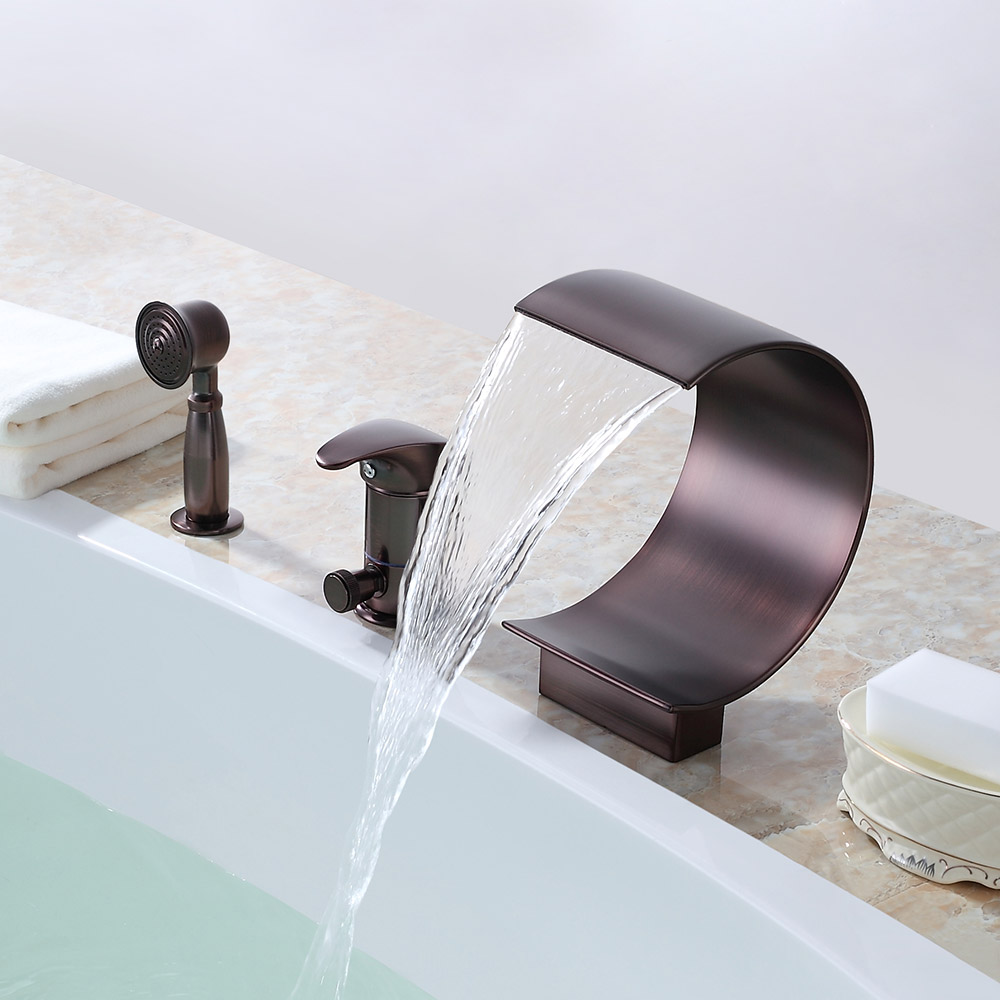 

Mooni Waterfall Roman Tub Filler with Hand Shower Solid Brass in Oil Rubbed Bronze