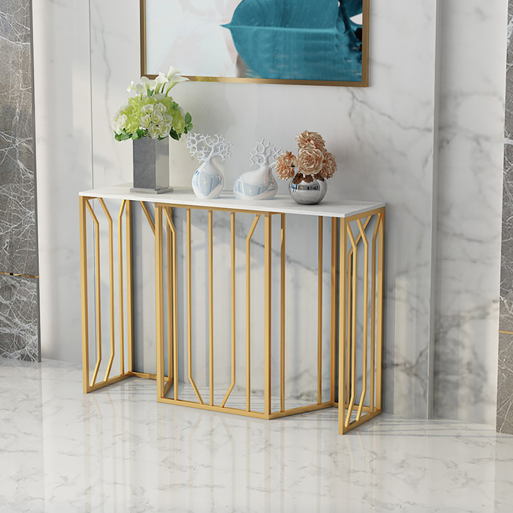 39.4" White Narrow Console Table With Marble Top & Metal Frame