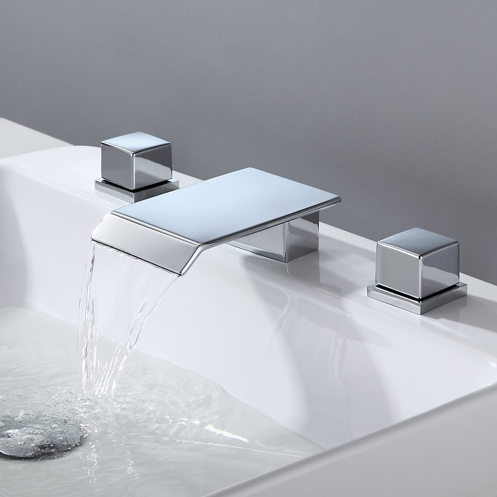 Moda Chrome Waterfall Widespread Bathroom Sink Faucet Square Double Handle Solid Brass