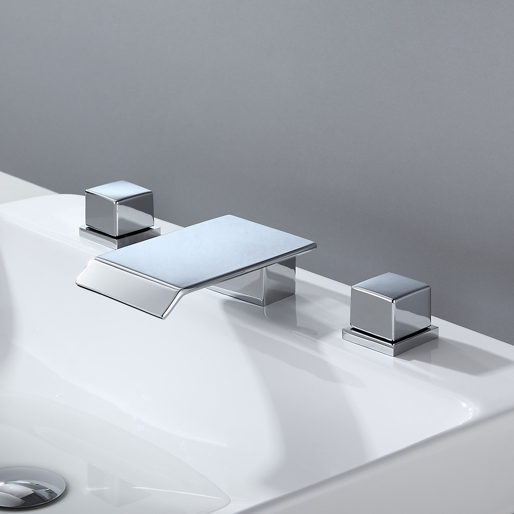 Moda Chrome Waterfall 3 Holes Bathroom Basin Tap Square Dual Handle Solid Brass