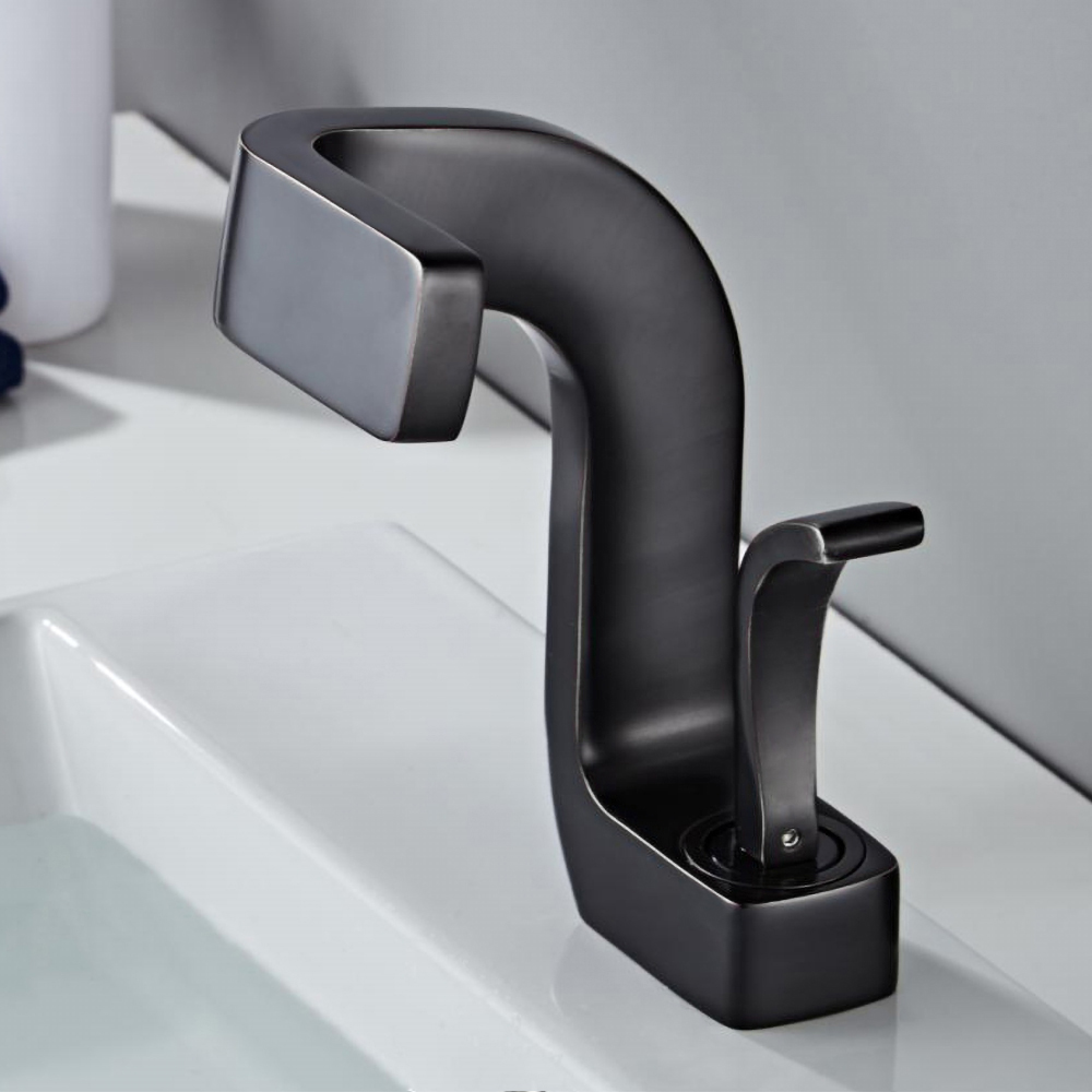 Waterfall Spout Single Handle Sink Faucet for Bathroom 1 Hole Solid Brass in Matte Black