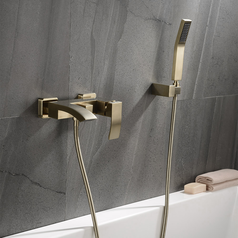 Ridge Wall-Mount Waterfall Bathtub Faucet Tub Filler with Hand Shower in Brushed Gold