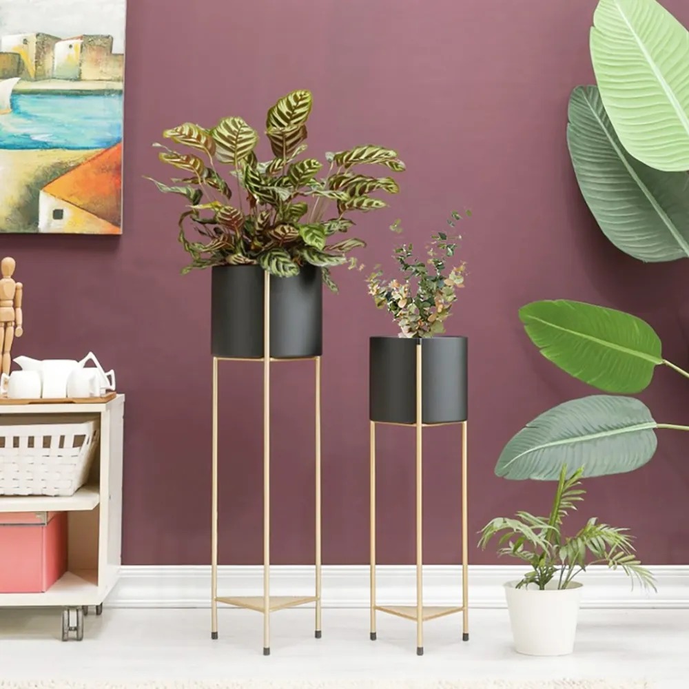 Metal Plant Stand With Shelf Gold Planter With Metal Stand In Black Set Of 2