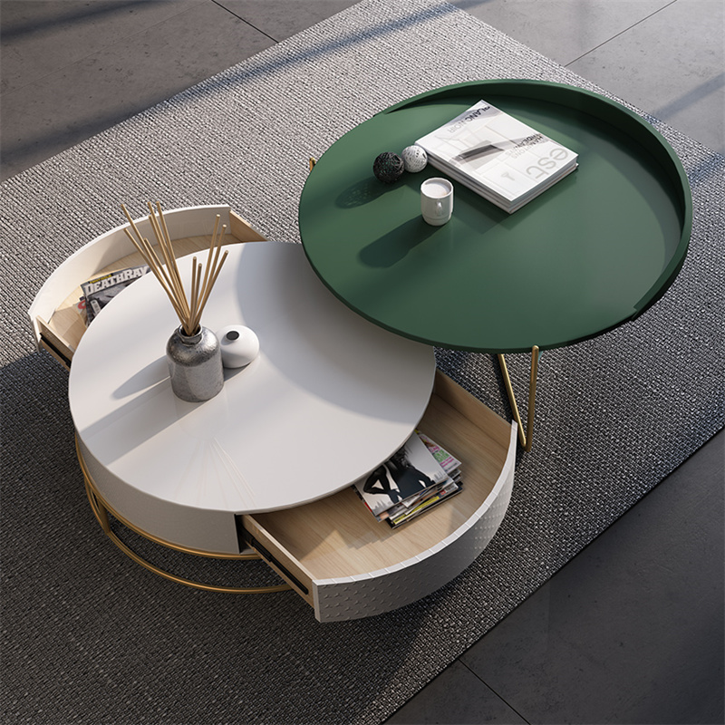 Round Nesting Coffee Table with Storage Rotatable Drawers Wood in White & Green
