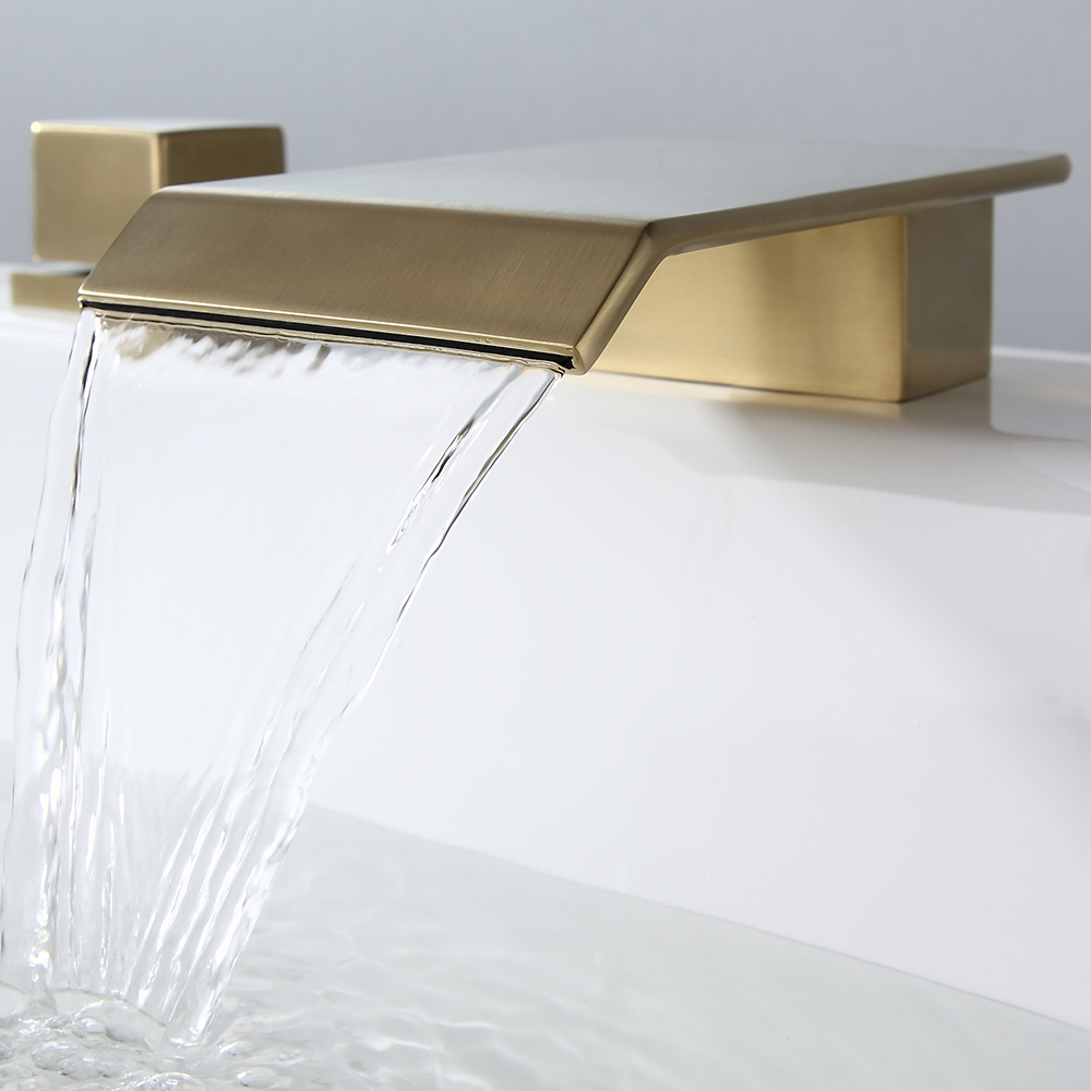 Moda Brushed Gold Waterfall 3 Holes Bathroom Basin Tap Square Dual Handle