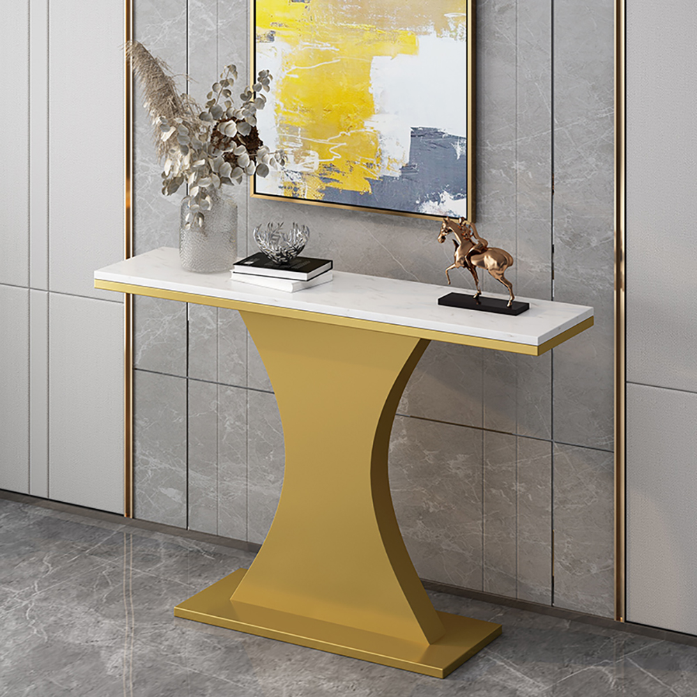 

Modern Marble Console Table with Metal Pedestal in Gold