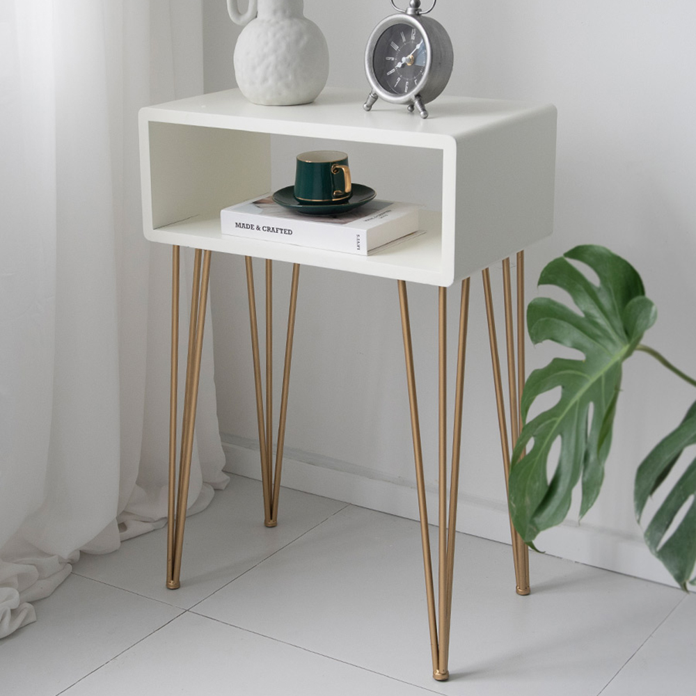 

Modern White End Table with Storage in MDF & Metal