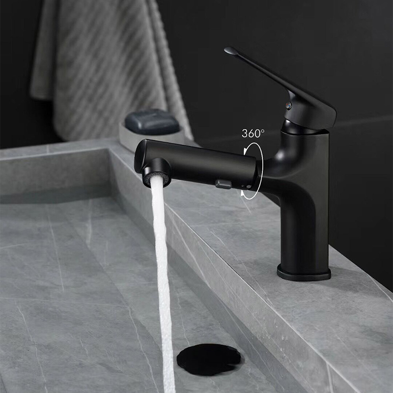 Pull Out Bathroom Sink Faucet with Dual-Function in Matte Black Solid Brass