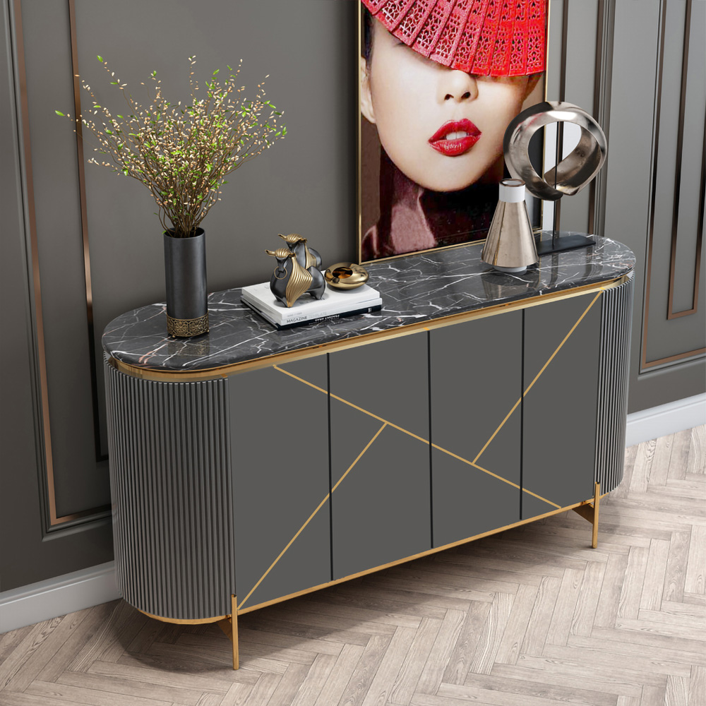 1500mm Modern Grey Sideboard Buffet Faux Marble Top with 4 Doors 2 Shelves in Gold