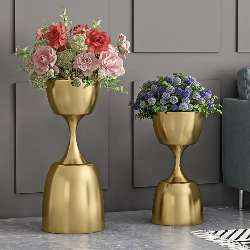 Modern Gold Plant Pots Hourglass Indoor Planter Metal Set Of 2