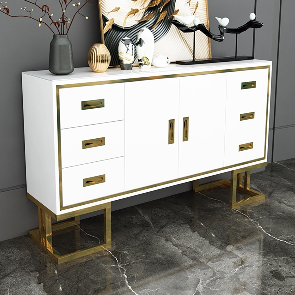 59" Modern White Sideboard Buffet Tempered Glass Top Lacquered Surface 2 Doors 6 Drawers