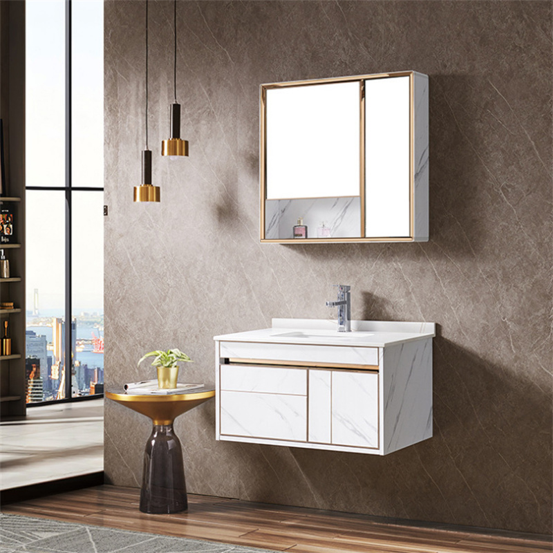 White Floating Single Sink 31" Bathroom Vanity Set with Medicine Cabinet Slate Stone
