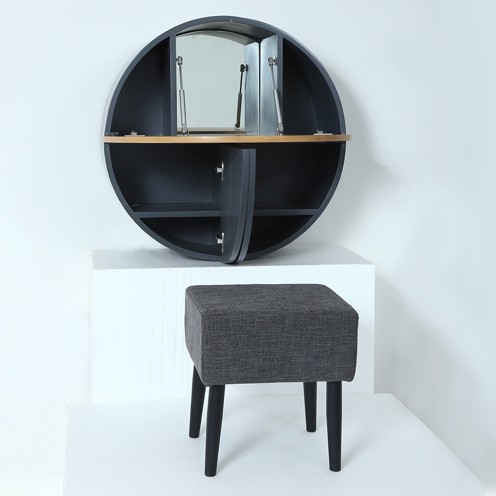 Modern Gray Round Wall-Mount Makeup Vanity Table Set with Mirror & Stool Included