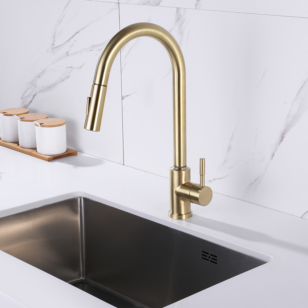 Brushed Gold Touch Kitchen Faucet Stainless Steel Pull Out Spray Single Handle