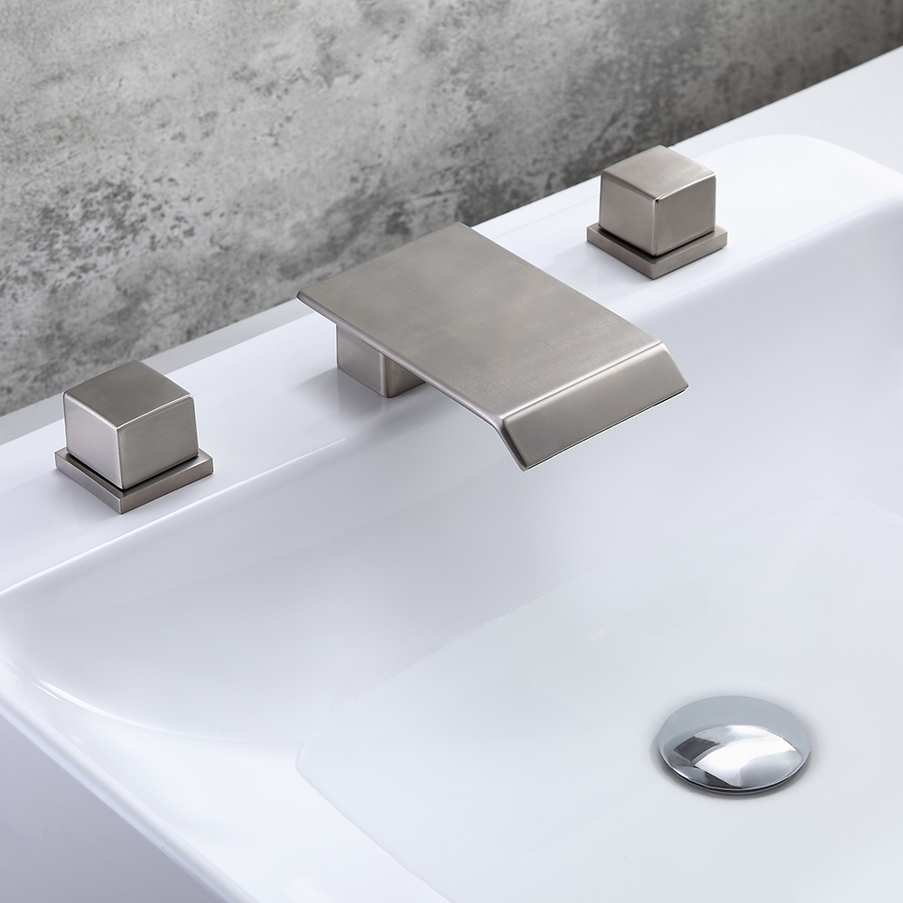 Moda Brushed Nickel Waterfall 3 Holes Bathroom Basin Tap Square Dual Handle