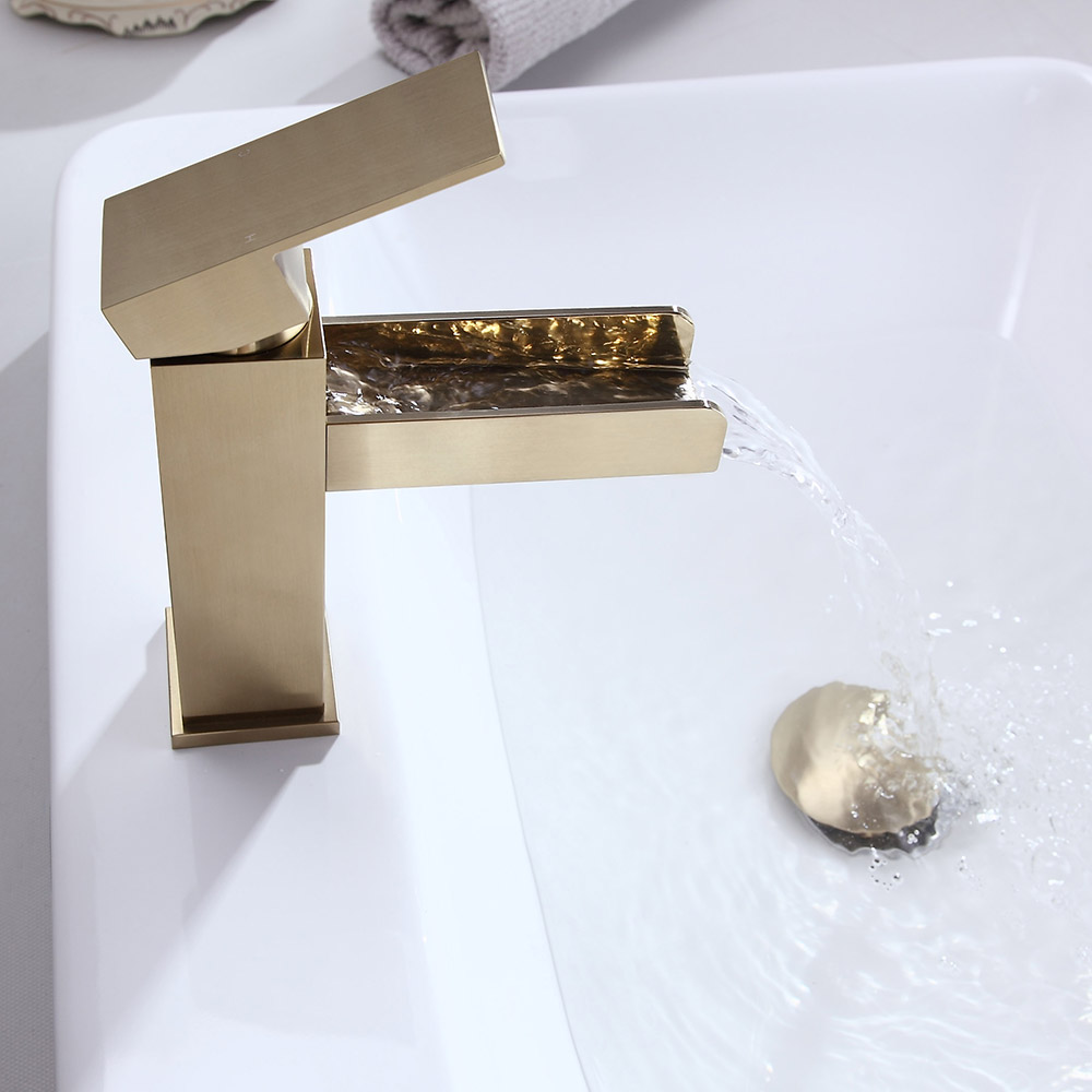 Stylish 1 Hole Single Handle Waterfall Bathroom Sink Faucet Solid Brass In Brushed Gold Finish 1723