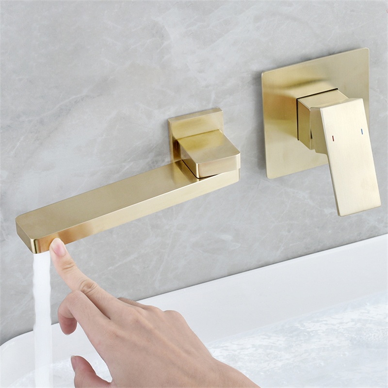 Wall Mount Brushed Gold Single Handle Bathroom Sink Faucet Solid Brass
