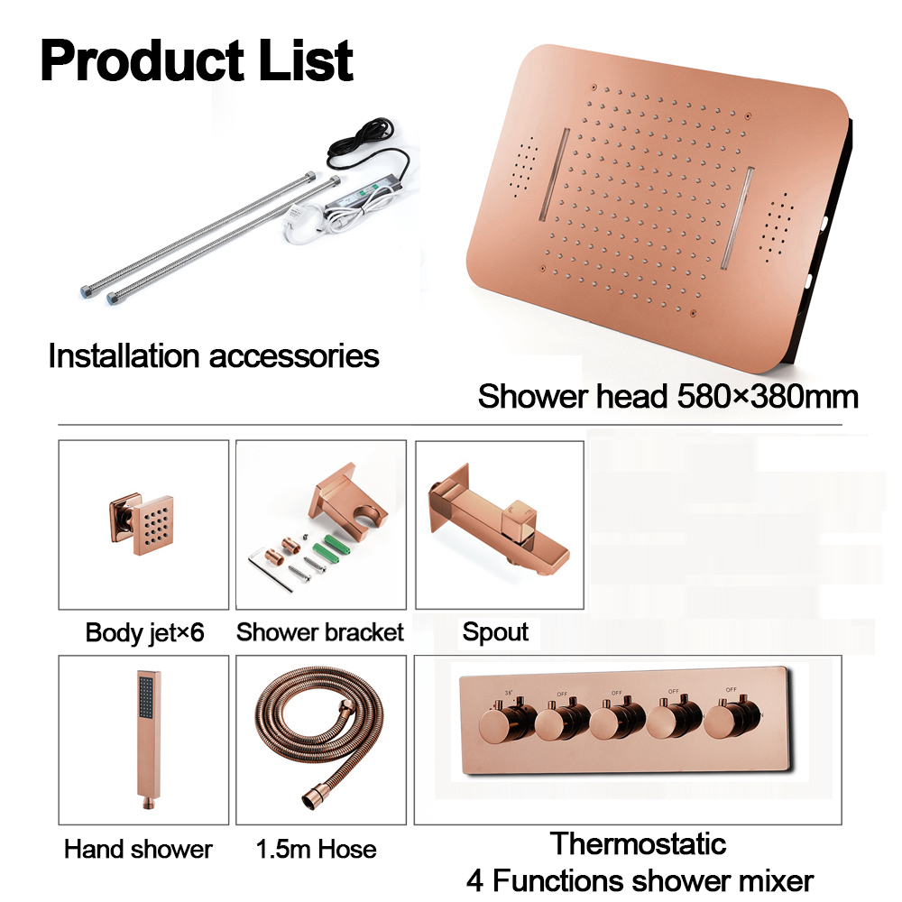 Wall-Mounted 23" Thermostatic Shower System in Rose Gold 4 Functions