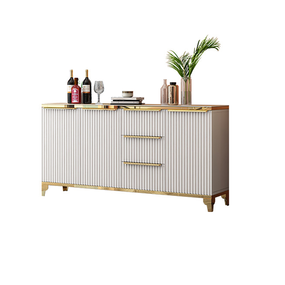 63" White Sideboard with Tempered Glass Top and 3 Drawers in Gold Finish
