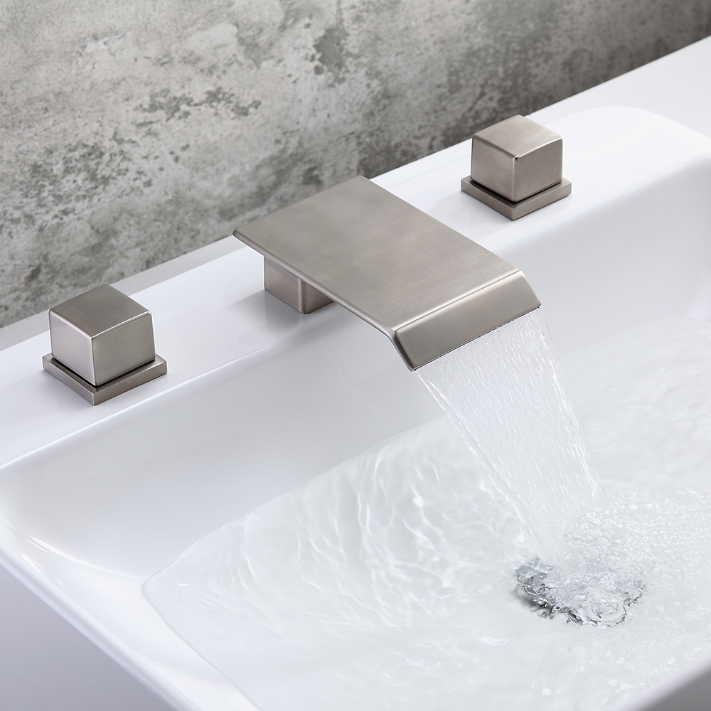 Moda Brushed Nickel Waterfall 3 Holes Bathroom Basin Tap Square Dual Handle