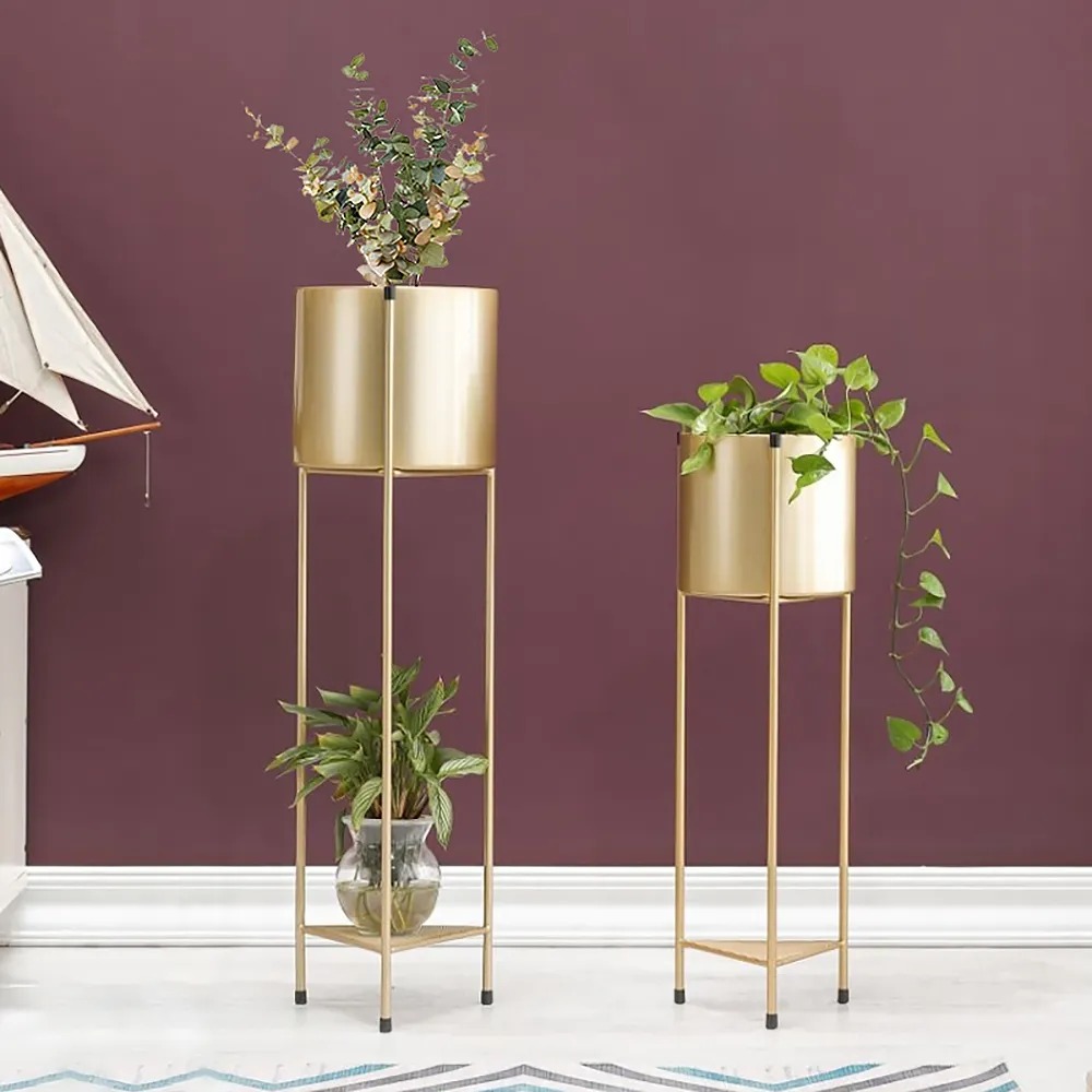 Metal Plant Stand With Shelf Gold Planter With Metal Stand In Gold Set Of 2