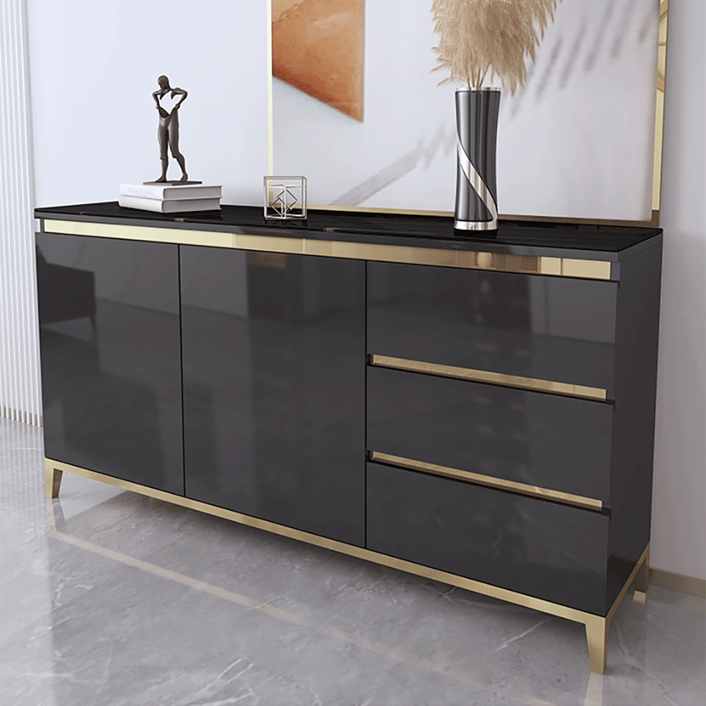 

Modern Black Sideboard Stone Top Buffet with Storage Gold Finish in Large