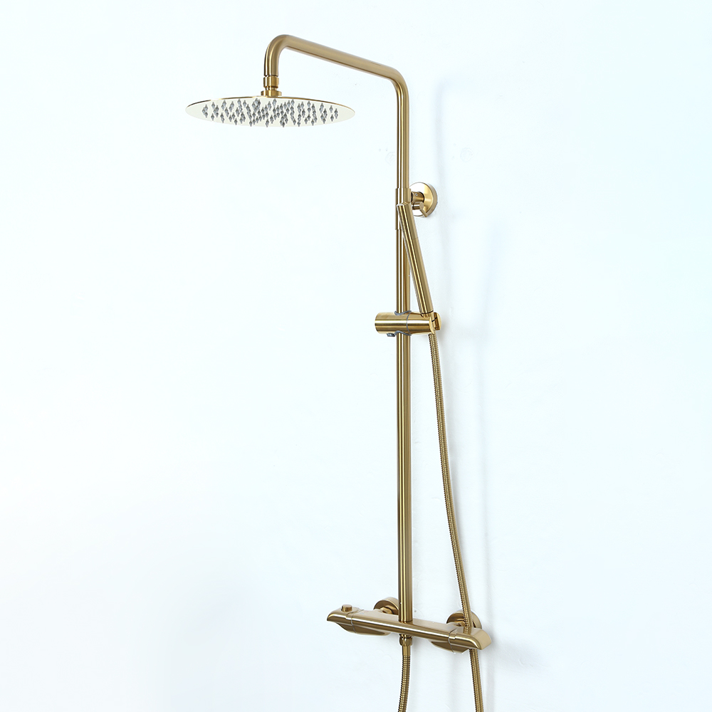 10" Modern Luxury Exposed Shower Fixture Thermostatic Rainfall Shower Head Brushed Gold