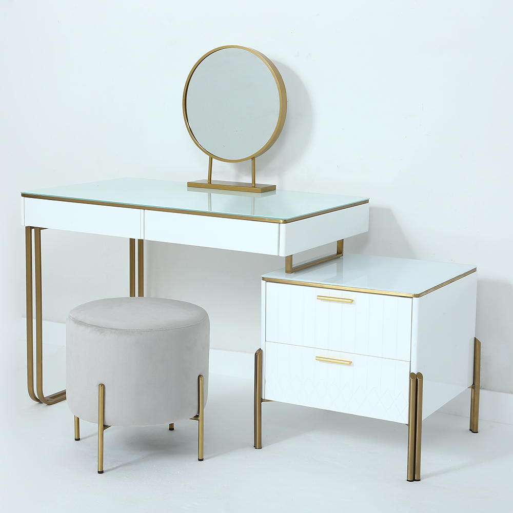 Aro Modern Makeup Vanity with Flip Top Mirror & Side Cabinet Expandable Dressing Table with Drawers Stainless Steel in White