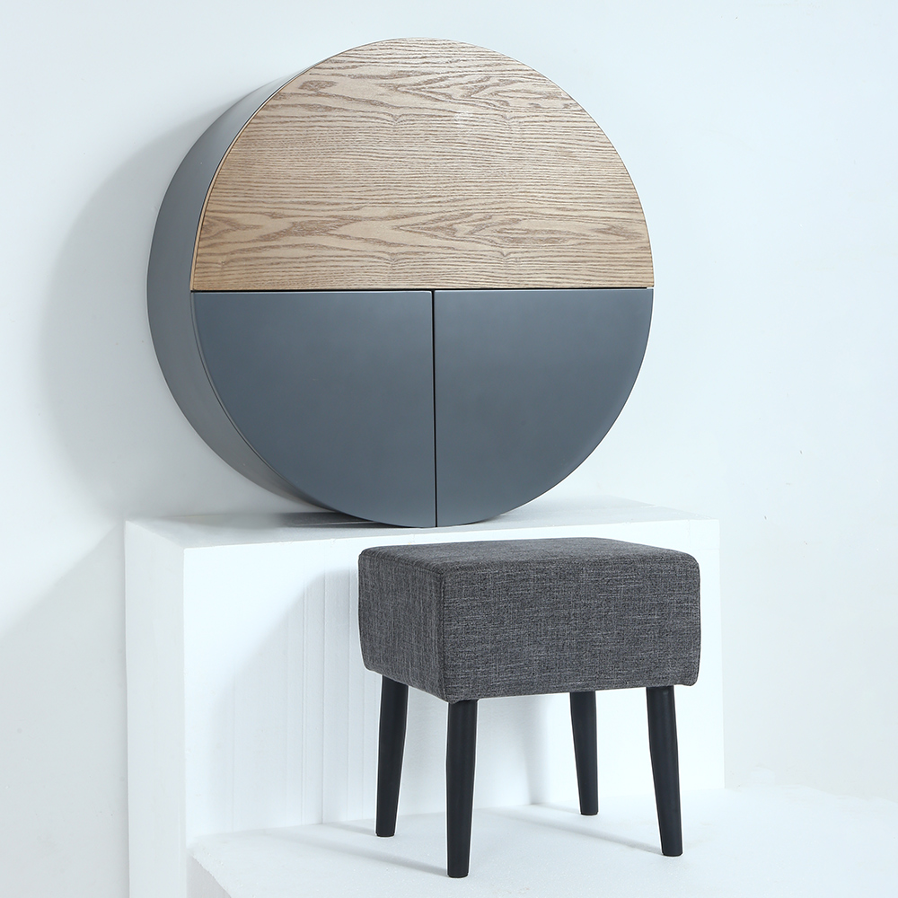 Modern Grey Round Wall-Mount Makeup Vanity Table Set with Mirror & Stool Included
