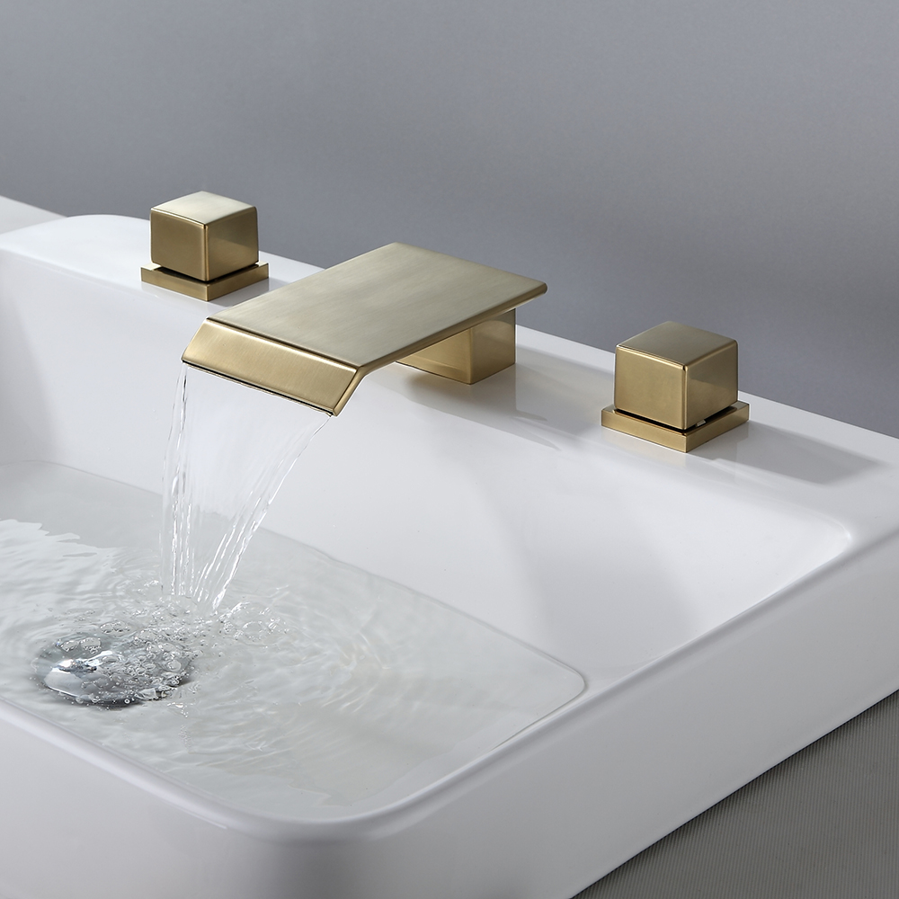 Moda - Grifo para lavabo (3 agujeros, diseño de cascada dorada cepillada)