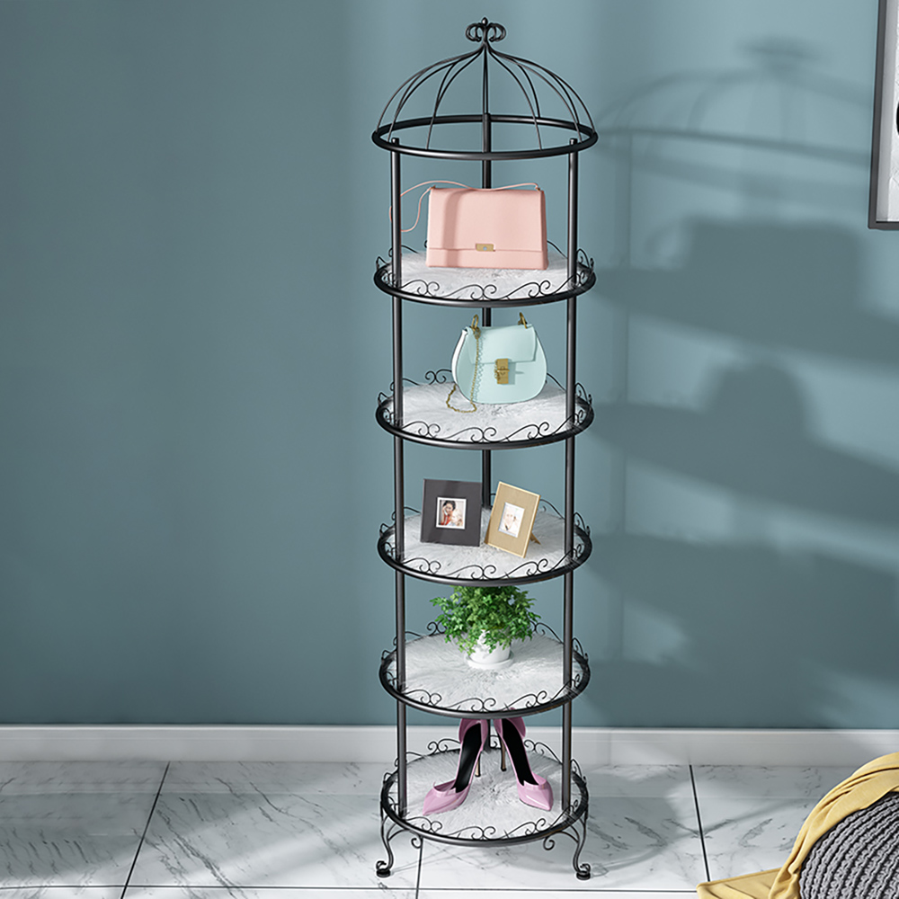 5-tier Round Metal Storage Shelves With Plush Mats 65"h In Black