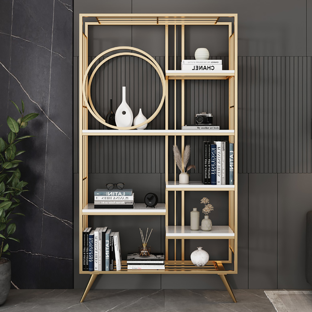 Contemporary 6-Tiered Standing Etagere Bookshelf in Metal & Wood
