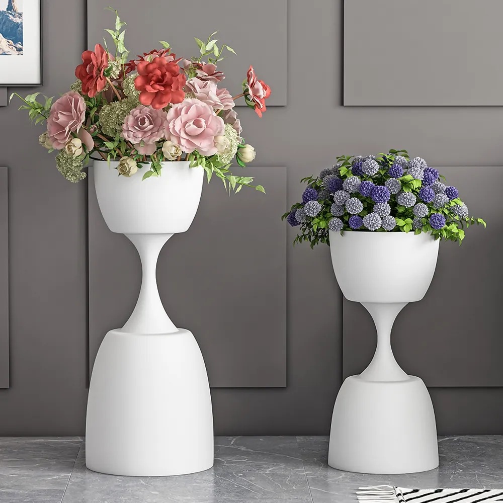 Modern White Plant Pots Hourglass Indoor Planter Metal Set Of 2
