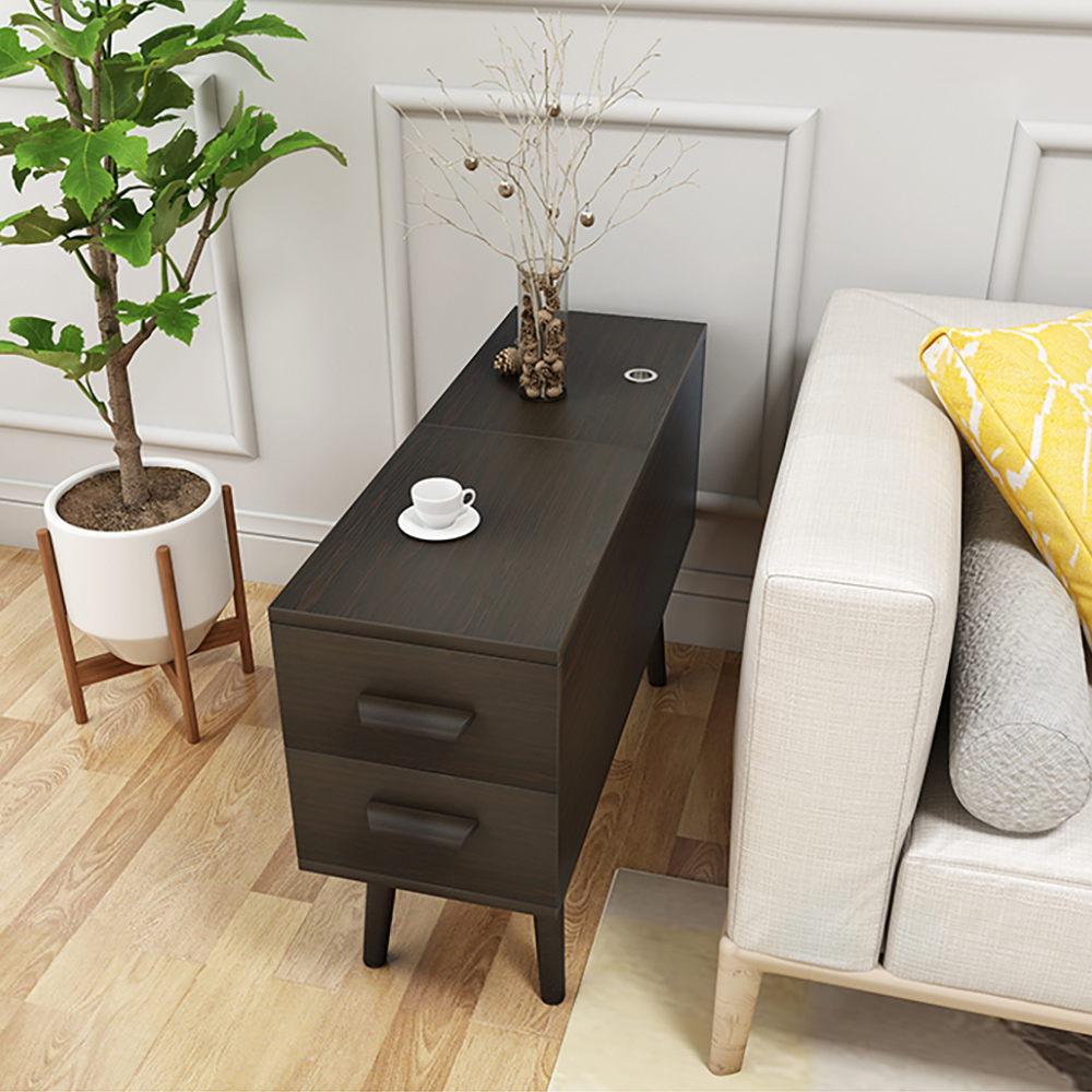 Black Rectangle End Table with Drawers Modern Sofa Table for Living Room
