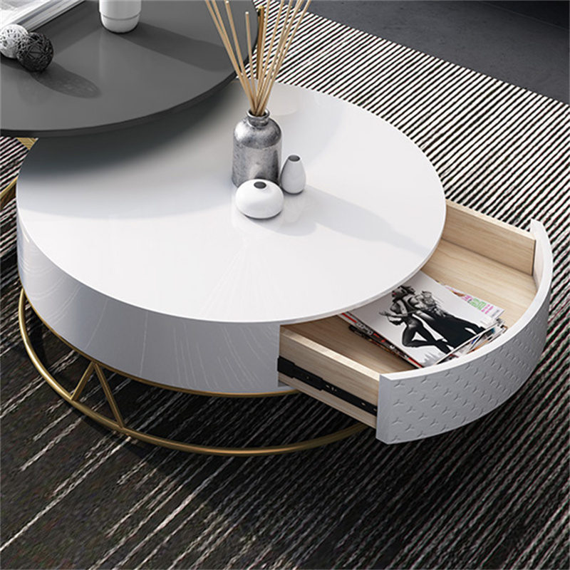 Round Nesting Coffee Table with Storage Rotatable Drawers Wood in White & Black