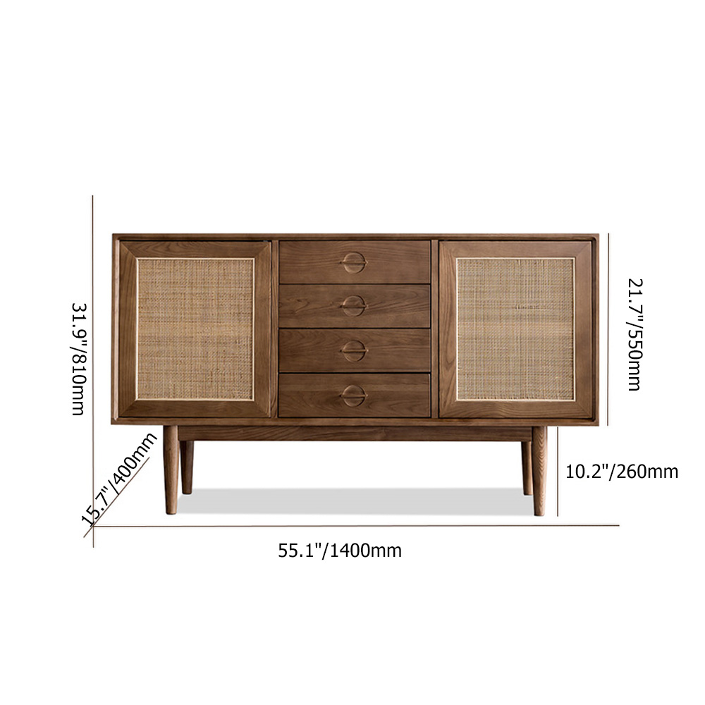 1400mm Cottage Natural Sideboard Buffet Rattan with 2 Doors 4 Drawers