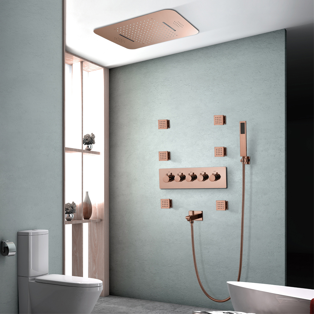 Wall-Mounted 23" Thermostatic Shower System in Rose Gold 4 Functions